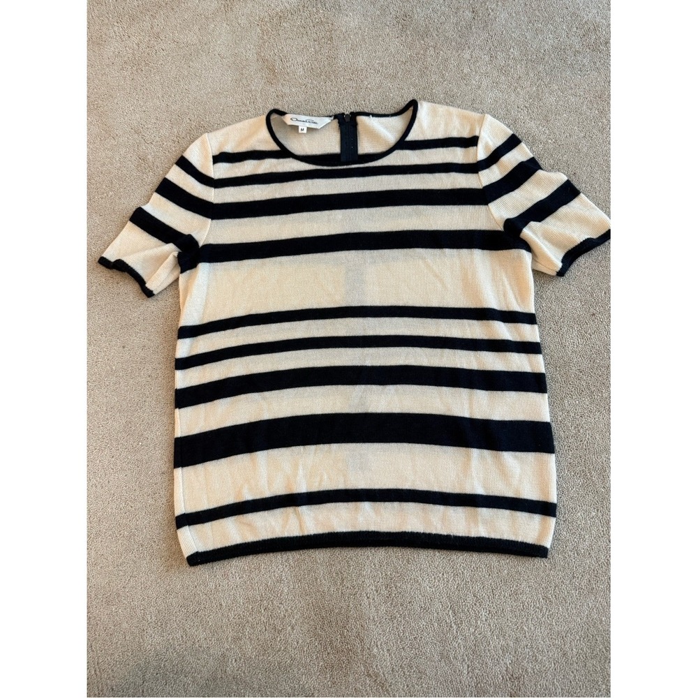 Oscar de la Renta Mens Cream Navy Striped Cashmere Silk Knit Top Back Zip Italy